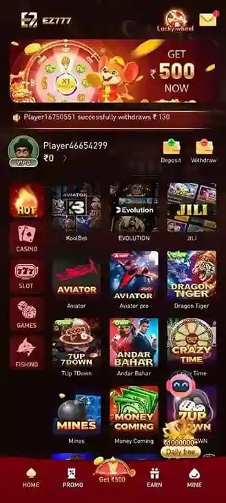 EZ777 game app home screen — slot, casino, fishing, aviator
