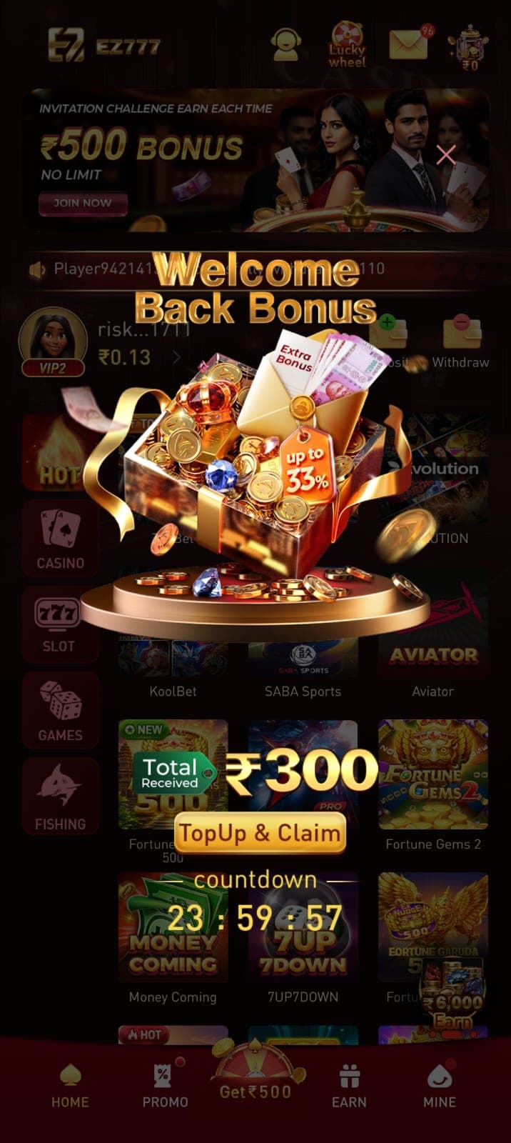EZ777 welcome back bonus up to 33% — ez 777 game extra bonus