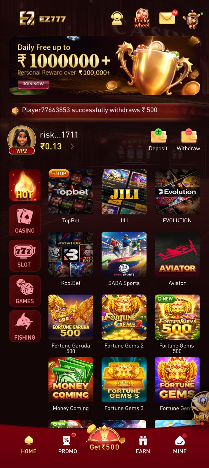 EZ 777 mobile gaming platform displayed on a smartphone with a modern interface.